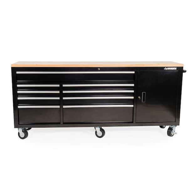 Husky 84 in. W x 18 in. D 9-Drawer Mobile Workbench with Wood Top in Gloss Black
