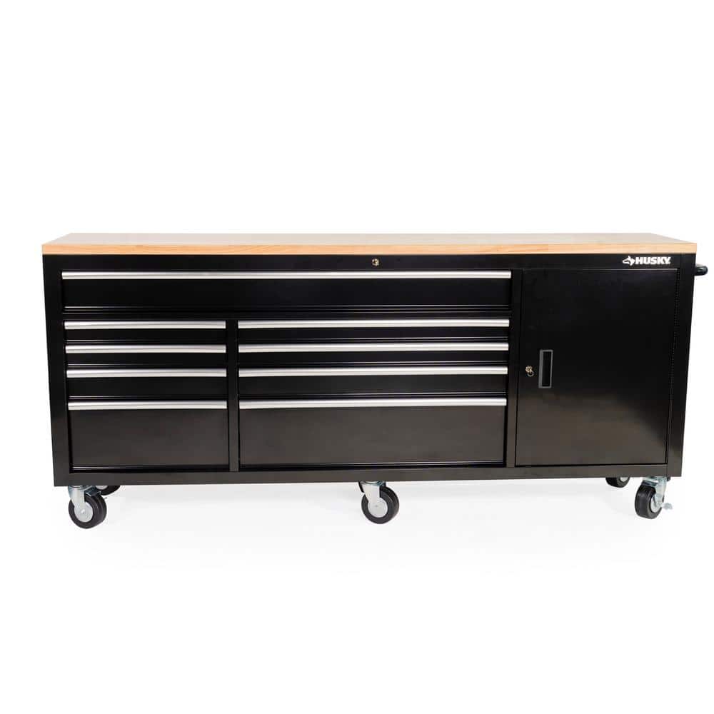 84 in. W x 18 in. D 9-Drawer Mobile Workbench with Wood Top in Gloss Black