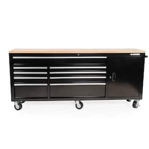 84 in. W x 18 in. D 9-Drawer Mobile Workbench with Wood Top in Gloss Black