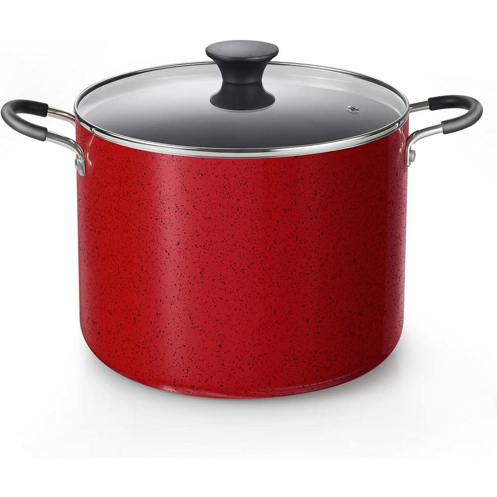 10.5 qt. Thick Gauge Aluminum Nonstick Stockpot in Red with Glass Lid Durab