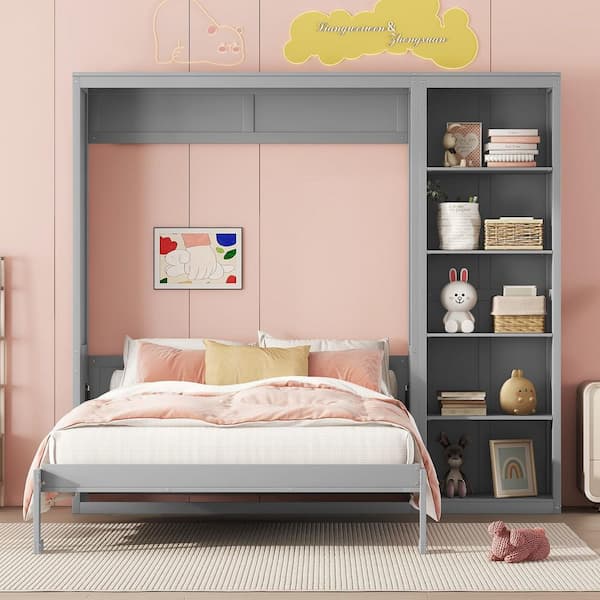 Harper & Bright Designs Gray Wood Frame Full Size Murphy Bed, Wall Bed with 5-Layer Storage Shelves