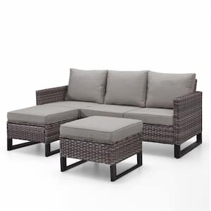 Gray 3-Piece U-shaped Foot Design Wicker Patio Sectional Set with Gray Cushions