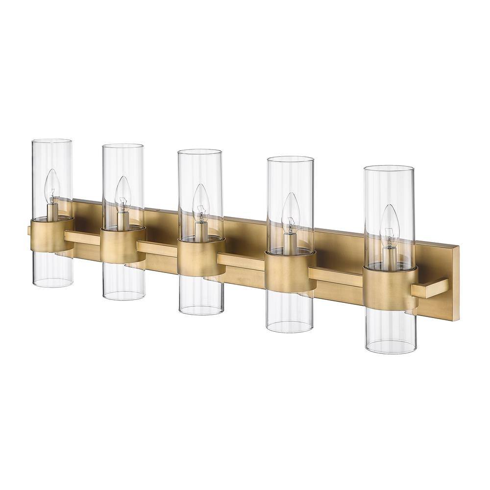 Lawson 38" Rubbed Brass 5-Light Vanity with Clear Glass Shades