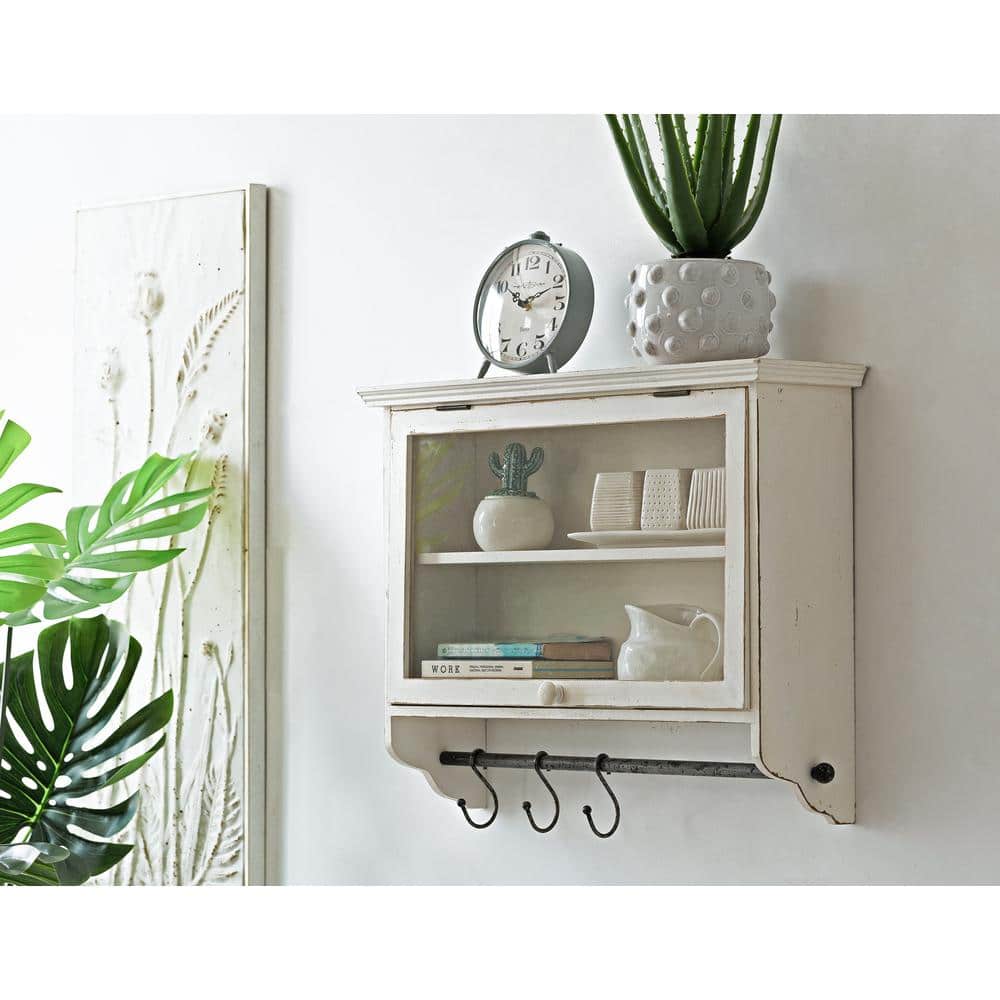 Ivory Wood and Glass Wall Cabinet with Hooks
