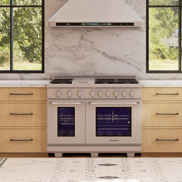 Randolph 48 in. 7-Burners Plus Griddle Natural Gas Range Double Oven w/ Infrared Broiler, Stainless Steel w/ Blue Knobs