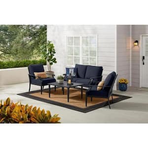Braxton Park 4-Piece Black Steel Outdoor Conversation Deep Seating Set with CushionGuard Midnight Navy Blue Cushions