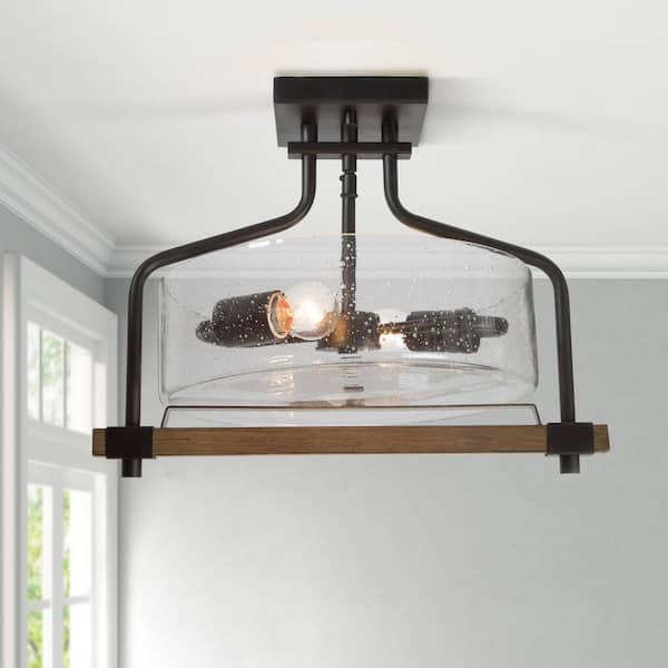 LNC Drum 2-Light Modern Rustic Black Semi-Flush Mount Ceiling Light Seeded Clear Glass Shade and Distressed Wood Accents
