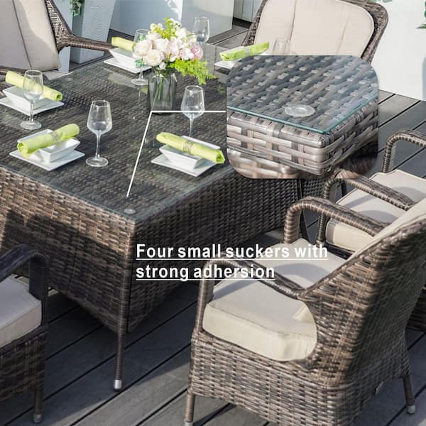 Brown 7-Piece Wicker Outdoor Dining Set Beige Cushion