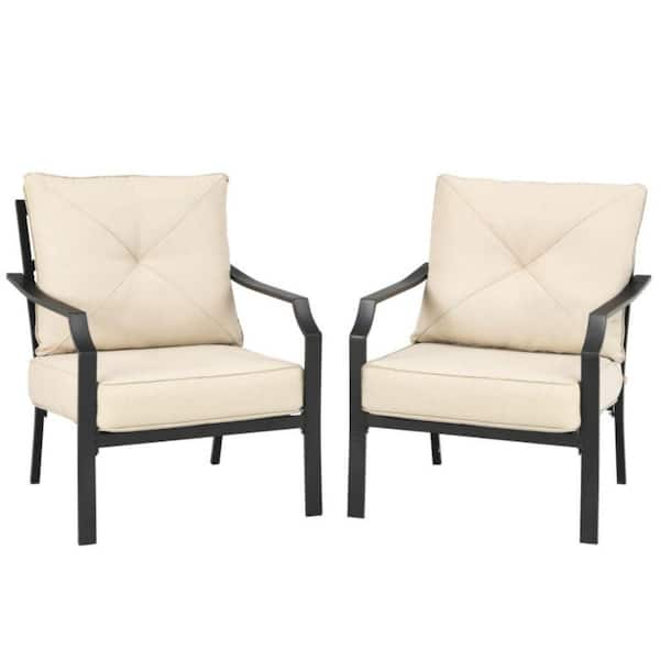 Alpulon 2-Piece Metal Patio Furniture Outdoor Lounge Armchair with Beige Cushions