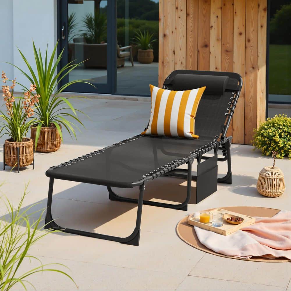 Tozey Black Metal Folding Outdoor Chaise Lounge, 5-Position