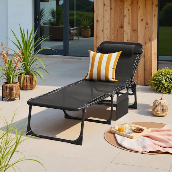 Tozey Black Metal Folding Outdoor Chaise Lounge, 5-Position Reclining Portable Patio Chair, Black
