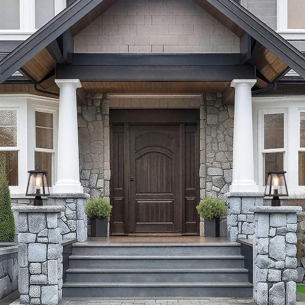 1-Light Rusty Bronze Metal Hardwired Outdoor Weather Resistant Post Light with Water Wave Glass and No Bulbs Included