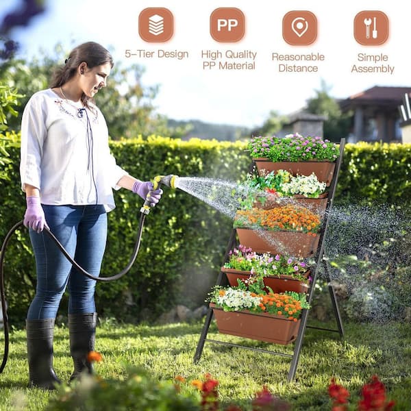 5-tier Iron Vertical Garden Planter Box Elevated Raised Bed with 5 Container Brown