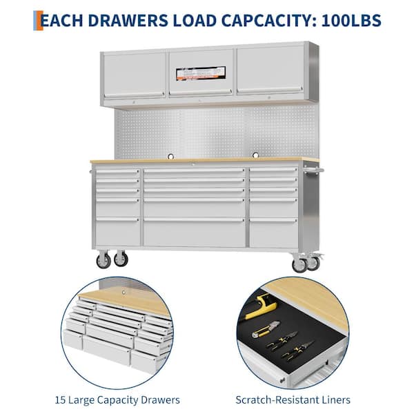 72 Inch Rolling Tool Chest Workbench,15 Drawers,3 Lockable Cabinets,Rubber Wood Top,Pegboard,Wheels