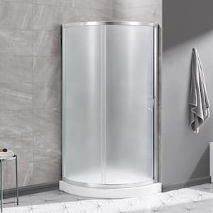 Breeze 34 in. L x 34 in. W x 77 in. H Corner Shower Kit with Frosted Framed Sliding Door in Satin Nickel and Shower Pan