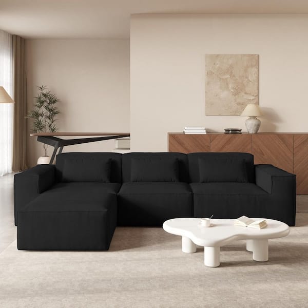 Magic Home 118 in. Square Arm Fabric 3-Seater Modular Sectional Sofa with Ottoman in. Black for Home Office, No Assembly Required