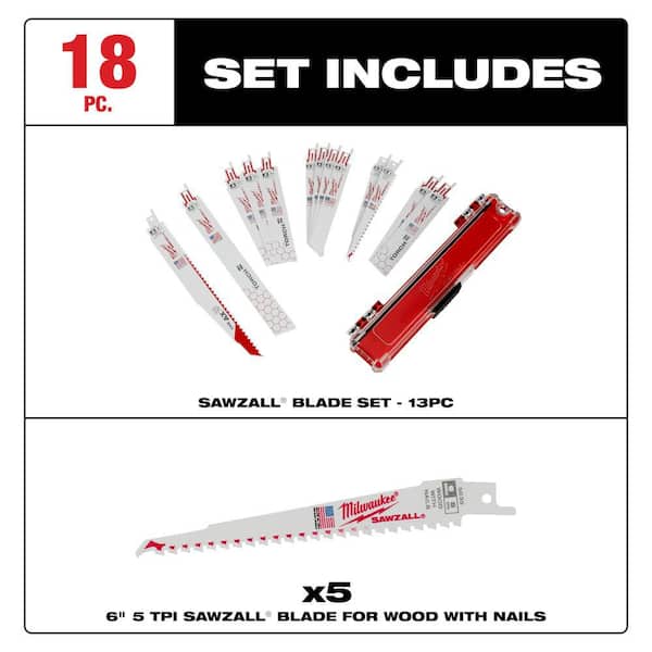 SAWZALL Demo Nail-Embedded Wood & Metal Cutting BiMetal Recip Saw Blade Set (13 PC) w/ 5 additional Wood Cutting Blades