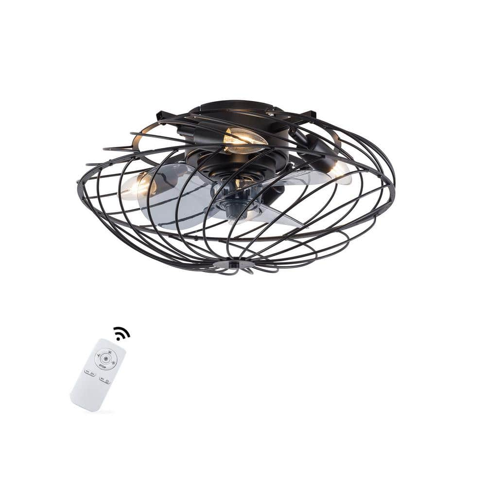 OUKANING 18 in. Indoor Black Industrial Caged 3 Speeds Flush Mount