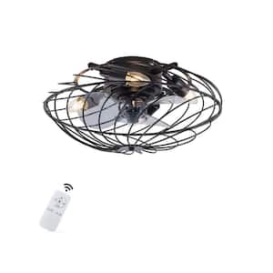 18 in. Indoor Black Industrial Caged 3 Speeds Flush Mount Ceiling Fan Light with Remote