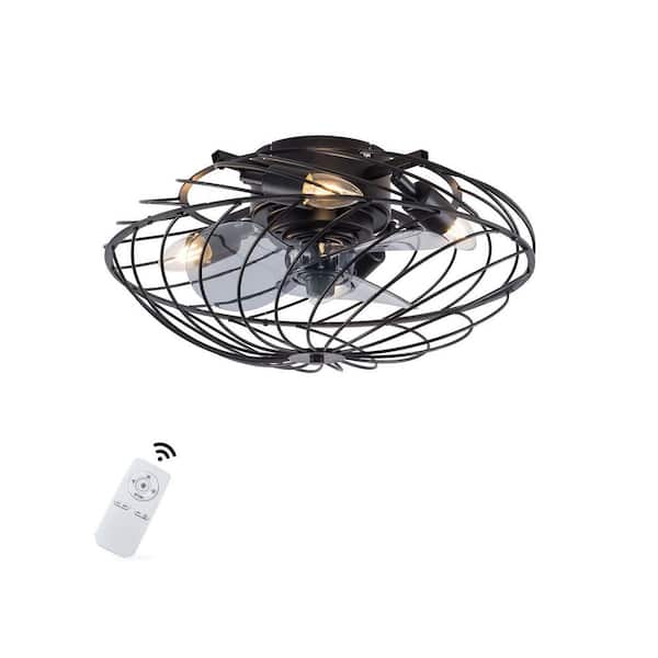 OUKANING 18 in. Indoor Black Industrial Caged 3 Speeds Flush Mount Ceiling Fan Light with Remote
