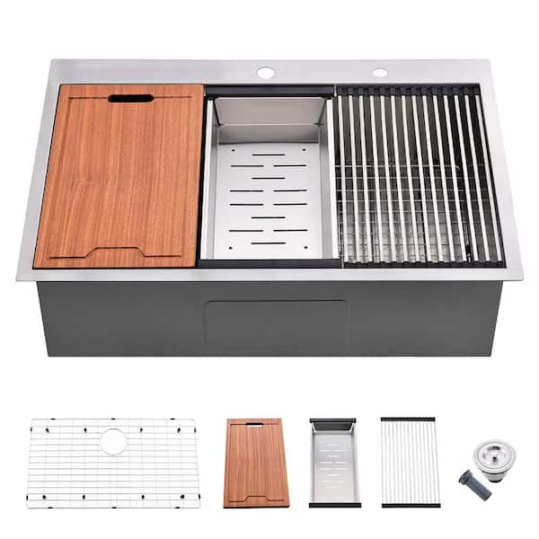 YASINU Stainless Steel 30 in. 2-Hole Single Bowl Drop-In Workstation Kitchen Sink with Bottom Grid and Basket Strainer