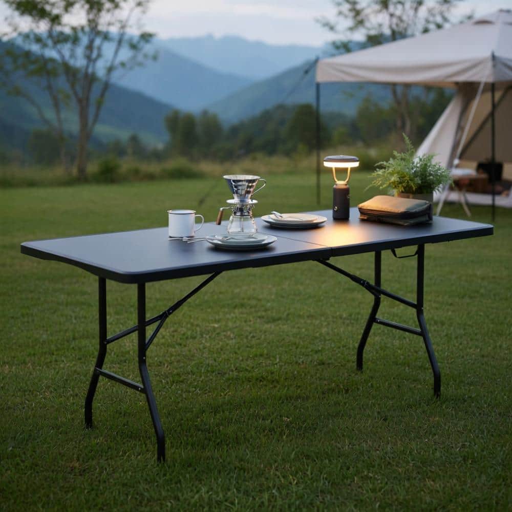 Half-Fold Hdpe Outdoor Picnic Table, Black, 350Lb Load Capacity