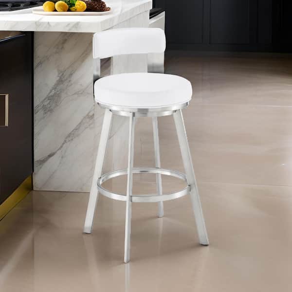 Benjara 30 in. White and Chrome Low Back Metal Frame Bar Stool with Faux Leather Seat