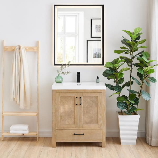 Bondi 30 in. W Single Sink Freestanding Bath Vanity in Light Brown with White Artificial Stone Top and Mirror