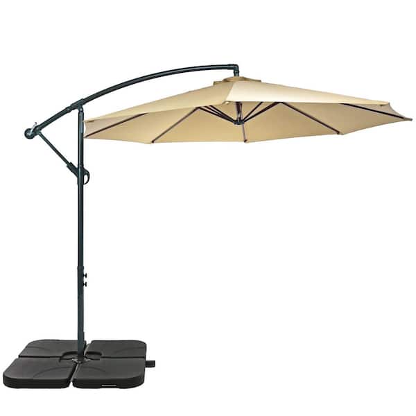 10 ft. Steel Cantilever Offset Patio Umbrella and Cross Base and Square Bases in Beige