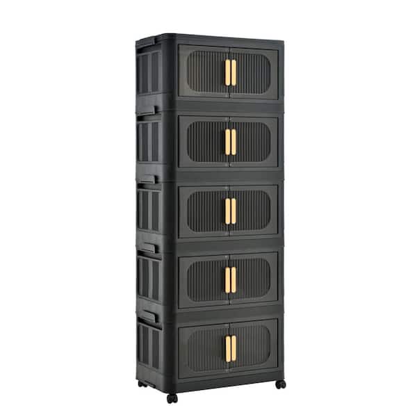 Tileon 5 Tiers Kitchen Pantry, Folding Storage Cabinet, Collapsible Storage Bins with Magnetic Door and Wheels in Black