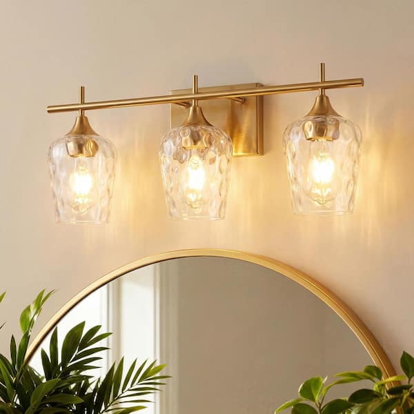 20.87 in. 3-Light Modern Brass Bathroom Vanity Light Wall Mounted Over Mirror with Hammered Glass Shades
