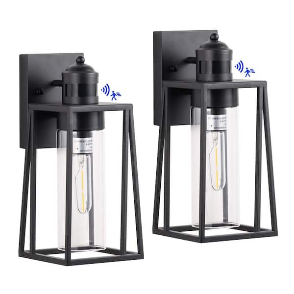 HKMGT Black Motion Sensing Outdoor Hardwired Wall Lantern Scone Trapezoid Wall Light with No Bulbs Included