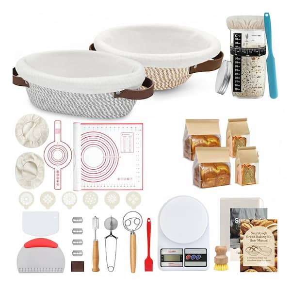 38-Pieces Sourdough Starter Kit, Rope Banneton Bread Proofing Basket with Jars, 10 in. Round and Oval with Liners Covers