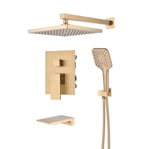 3-Spray Patterns with 1.8 GPM 10 in. Wall Mount Rain Shower Faucet Set Fixed Shower Head with Tub Spout in Brushed Gold