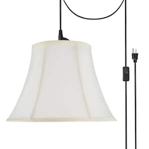 1-Light Black Plug-In Swag Pendant with Off White Bell Fabric Shade