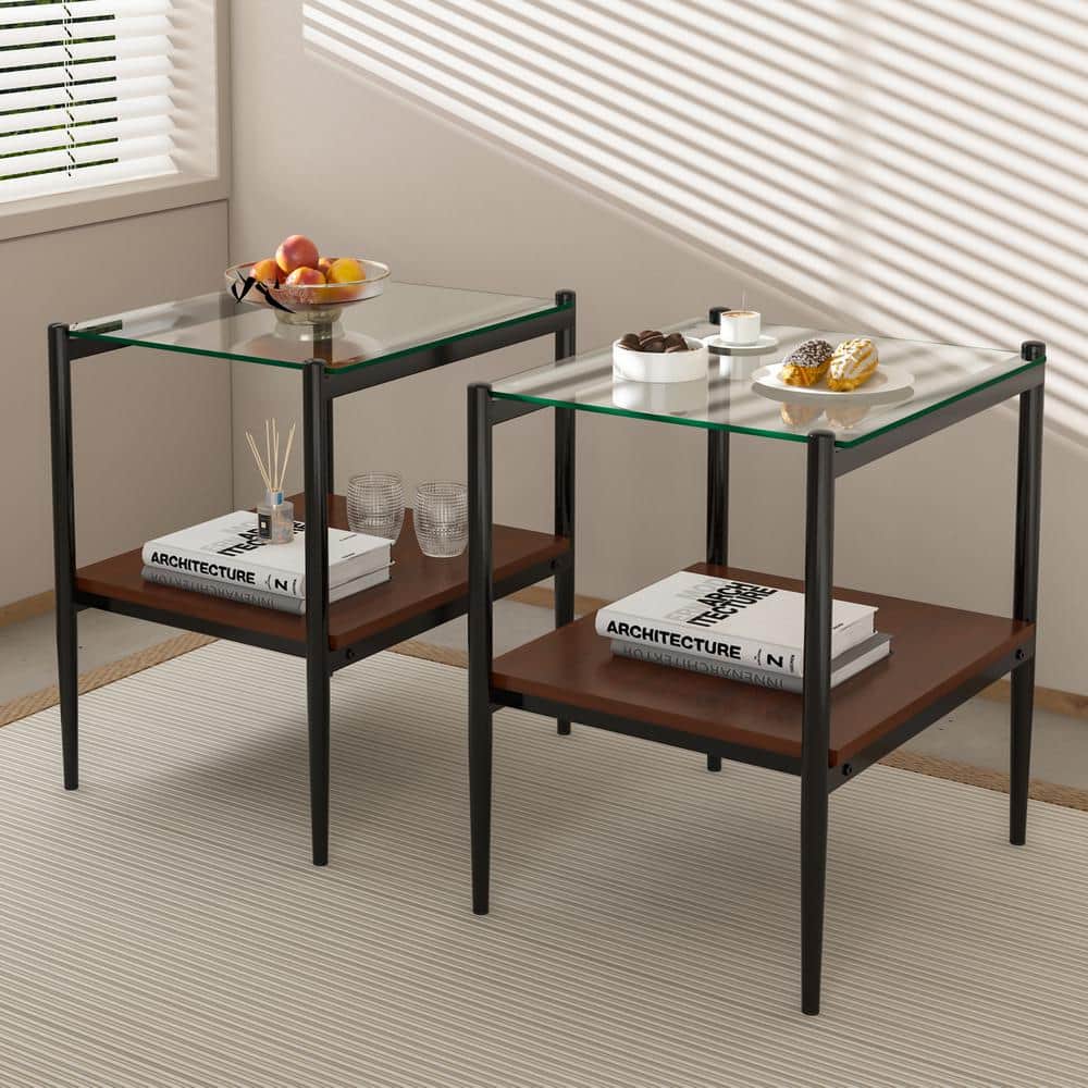 2-Piece 21.14 in. H Black and Brown Wood Rectangle Outdoor Side Table with 