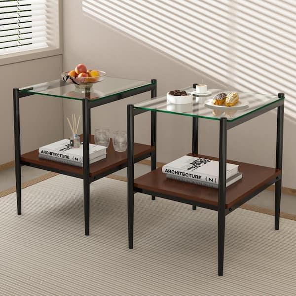 Unbranded 2-Piece 21.14 in. H Black and Brown Wood Rectangle Outdoor Side Table with Transparent Glass Tabletop for Living Room