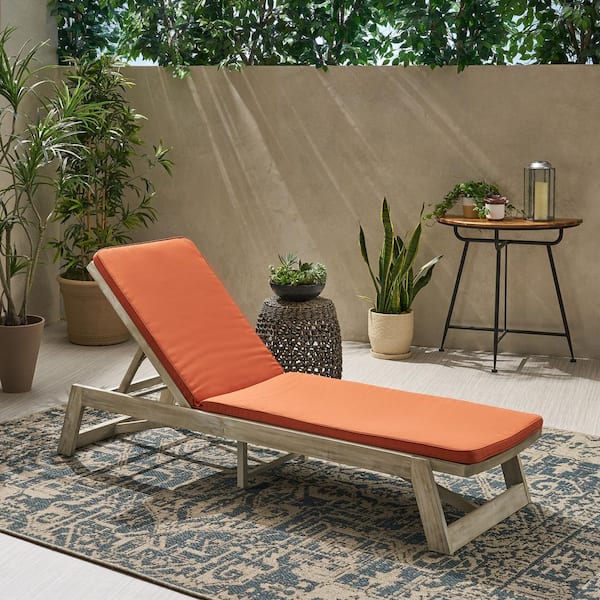 Noble House Maki Light Grey Wash 1-Piece Wood Outdoor Patio Chaise Lounge with Rust Orange Cushions