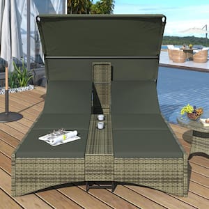 2-Person PE Wicker Outdoor Patio Chaise Lounge with Canopy, Adjustable Backrest, and Storage Box, Gray Seat Cushion
