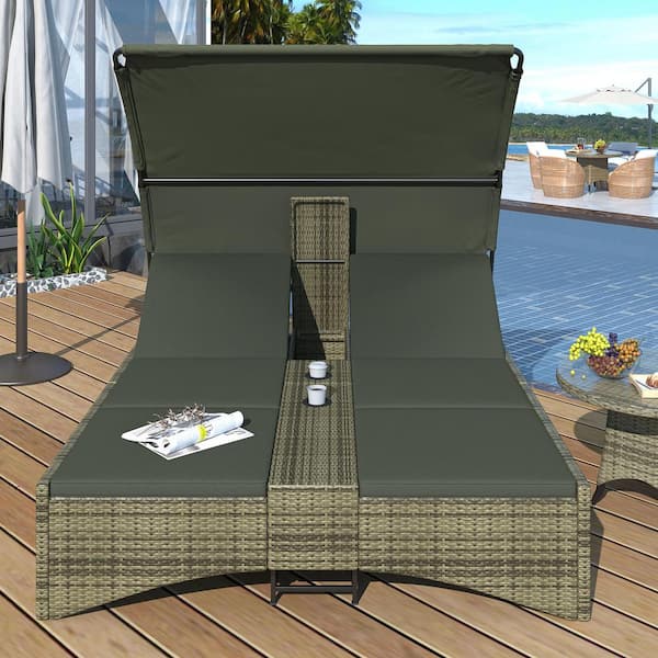 Unbranded 2-Person PE Wicker Outdoor Patio Chaise Lounge with Canopy, Adjustable Backrest, and Storage Box, Gray Seat Cushion