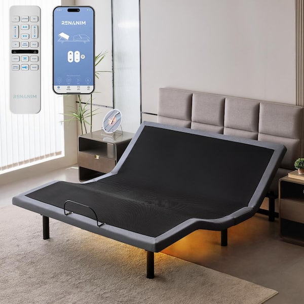 Adjustable Gray Bed Frame King USB, Dual Massage, Under-Bed Light, App Control, Head and Foot Incline Platform Bed