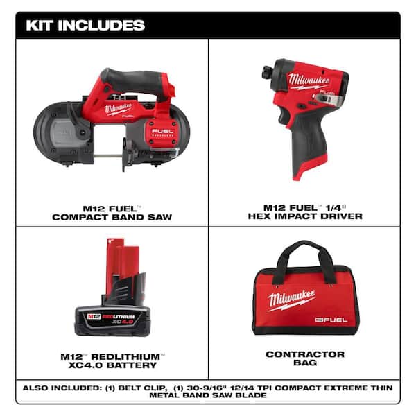 M12 FUEL 12V Lithium-Ion Cordless Compact Band Saw XC Kit with Impact Driver, Battery, Charger and Bag