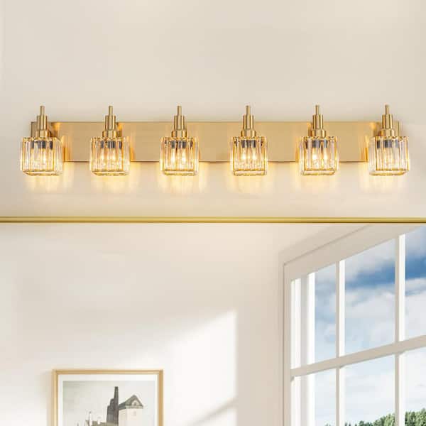 43.31 in. 6-Light Modern Gold Bathroom Vanity Light with Crystal Shades