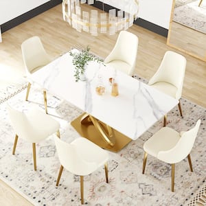 70.87 in. White Sintered Stone Tabletop with Gold Cross Legs Dining Table (Seats 6)
