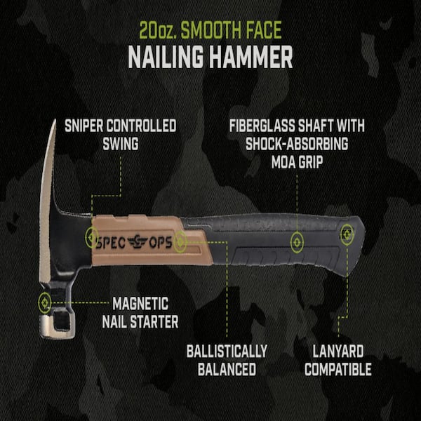 SPEC OPS 20 oz. Fiberglass Hammer, 13 in., Shock-Absorbing Grip, 3