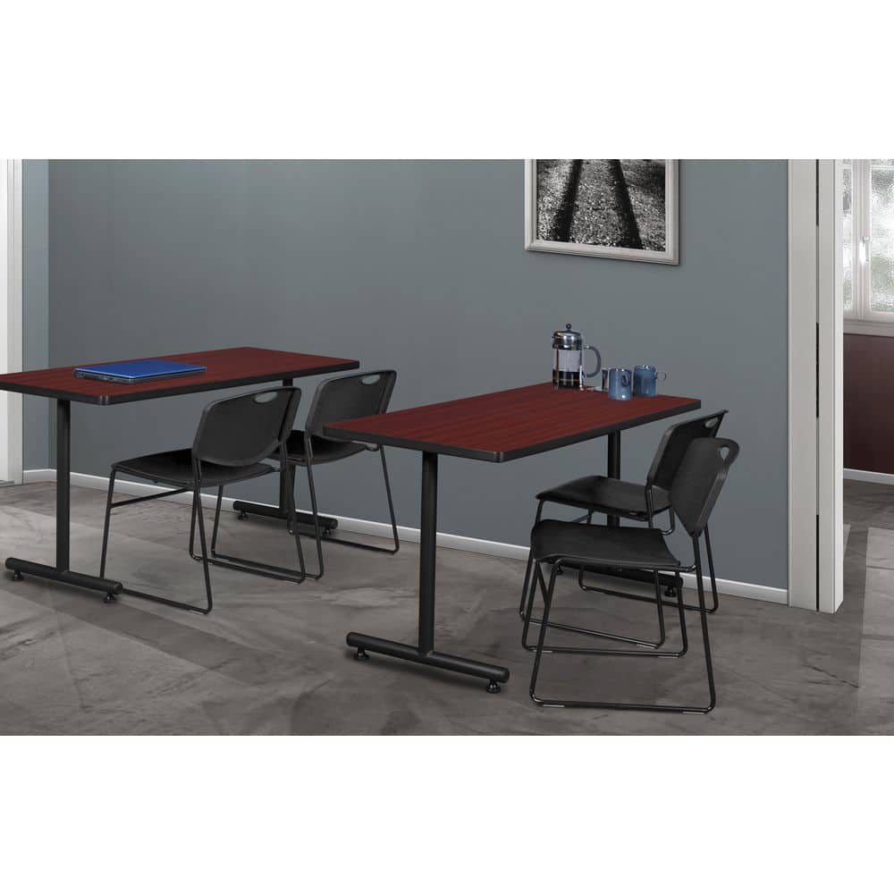 Kobe 48 in x 30 in. Mahogany T-Base Training Seminar Table Desk, 2 Zeng Stack Chairs-Black