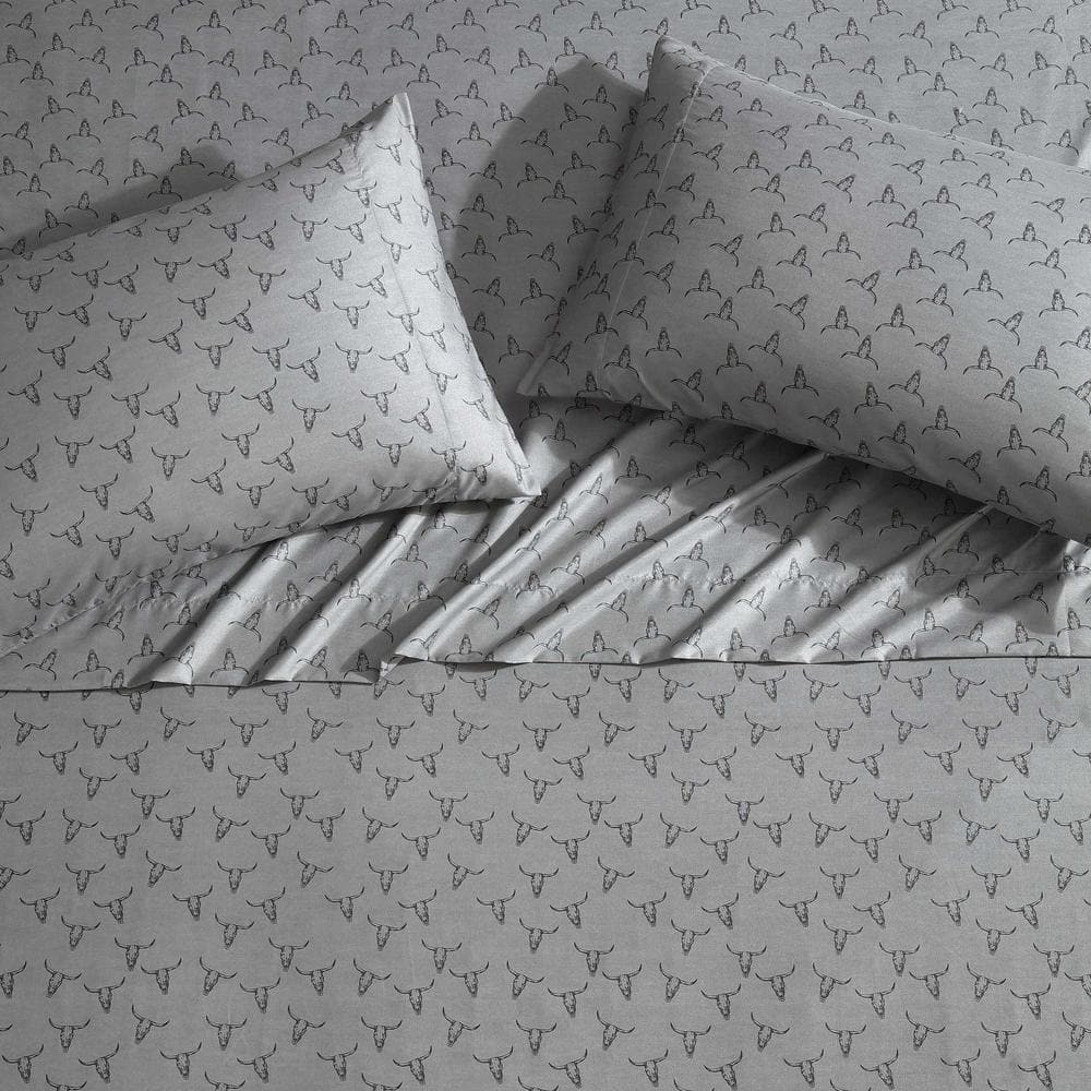 Gray Microfiber Queen Sheet Set with Steer Skull Print