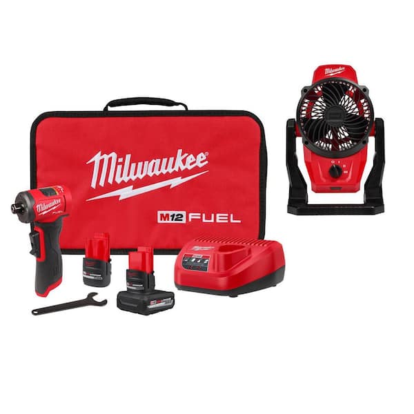 M12 FUEL 12V Lithium-Ion Brushless Cordless 1/4 in. Right Angle Die Grinder Kit w/ 5.0 Ah, 2.5 Ah Batteries, & Fan