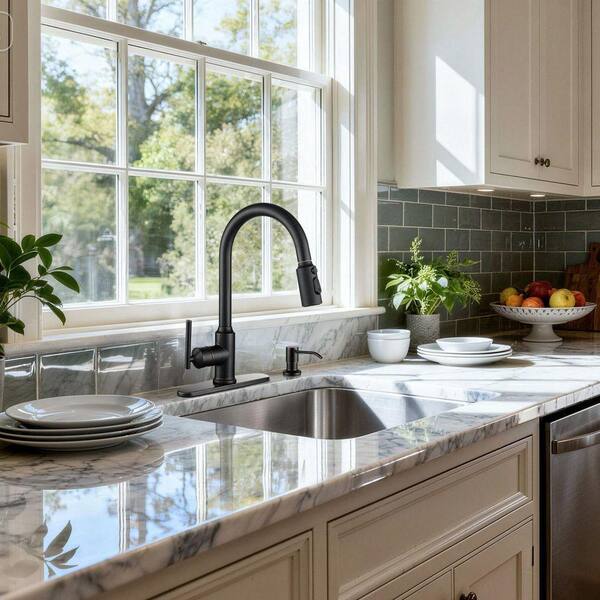 GIFTQOOL Black Kitchen Faucet With Soap Dispenser – Pull-Down Sprayer, 304 Stainless Steel, Single-Handle, High-Arc Commercial Style, 1-Hole Or 3-Hole Mount, Modern RV Or Home