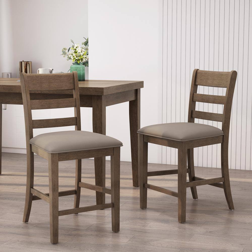 Antique Brown Wood Extra Tall Upholstered Counter Stools, Set of 2